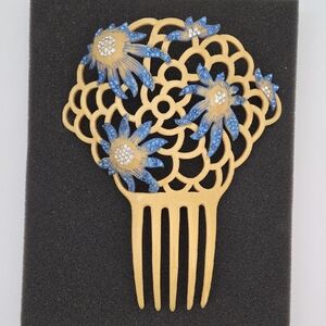 Floral Hair Comb with Blue Accents